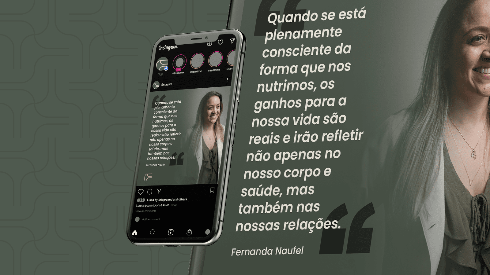 Telefone mostrando o padrão de post para Instagram de Fernanda Naufel